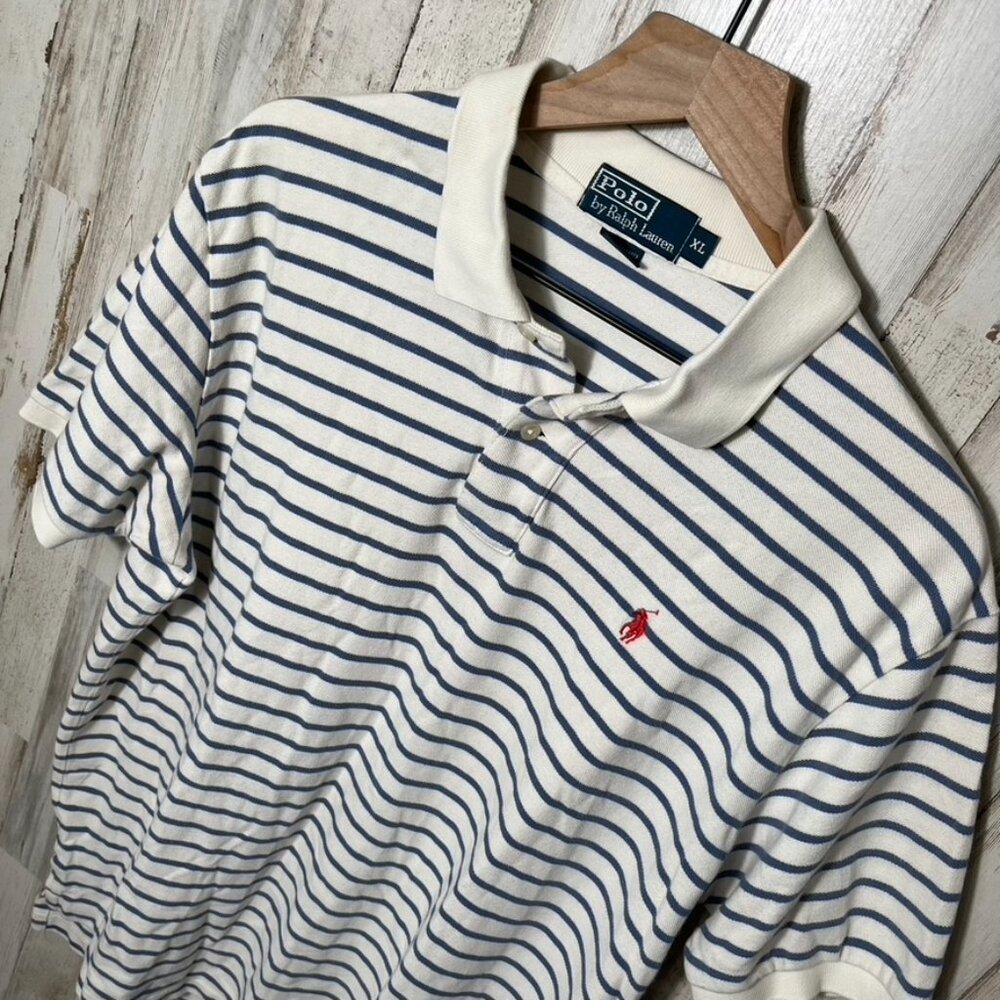 Polo Ralph Lauren Stripe White Blue Short Sleeve Polo Shirt Mens Size XL‎